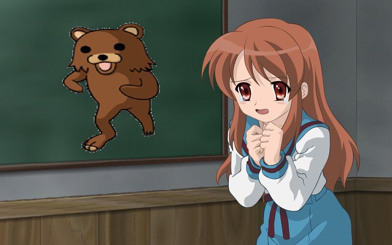anime girl with bear drawing