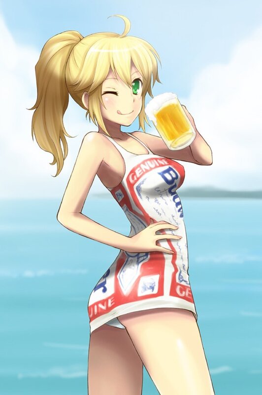 anime girl with beer at beach