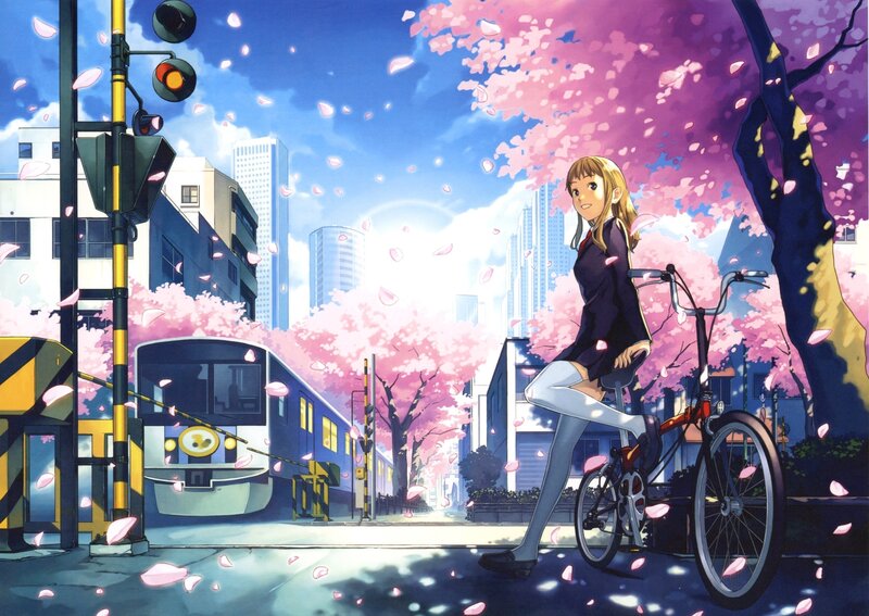 Anime girl with bicycle and cherry blossoms