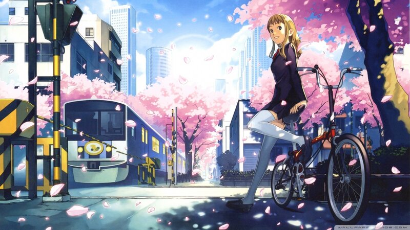 Anime girl with bicycle and train