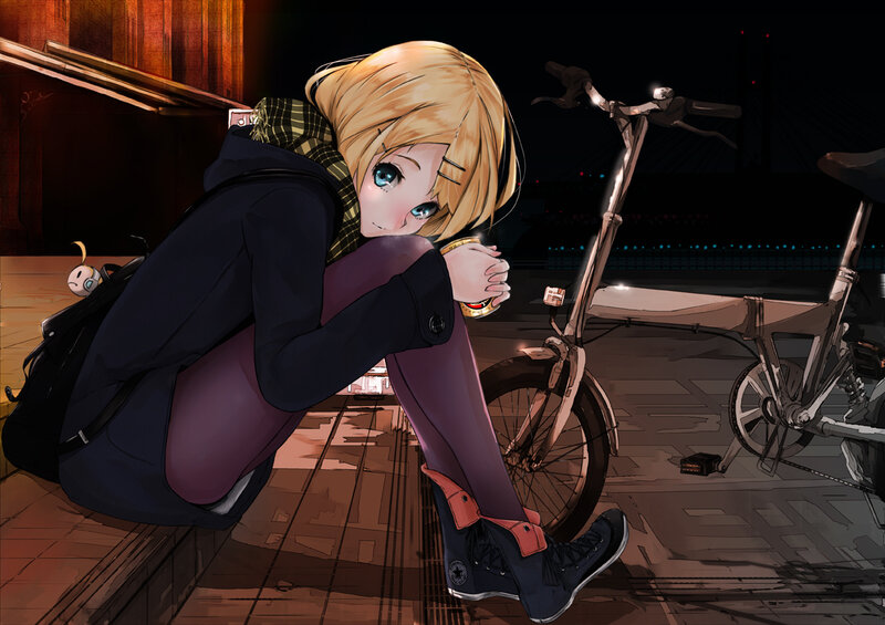 anime girl with bicycle at night