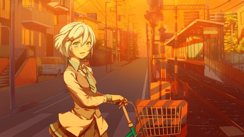 anime girl with bicycle at sunset