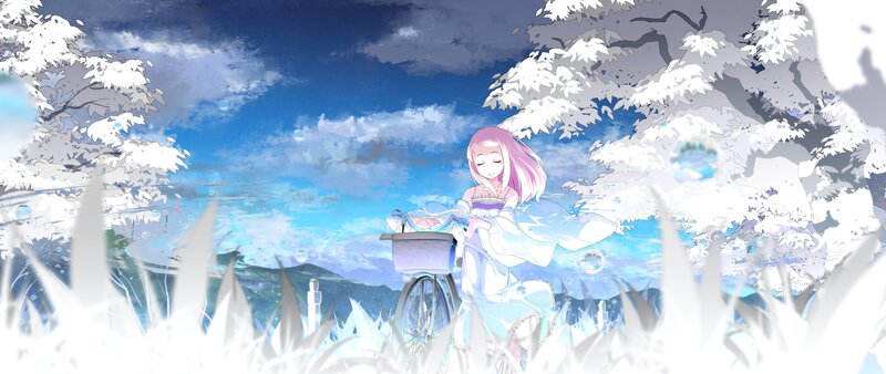 Anime Girl with Bicycle — Blue, Serene, Spring