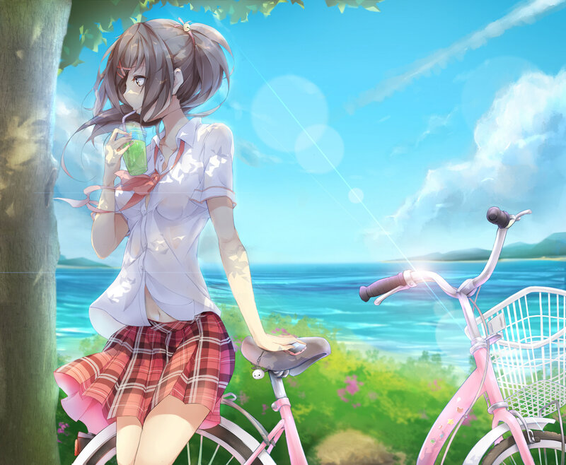 Anime Girl with Bicycle — Blue, Serene