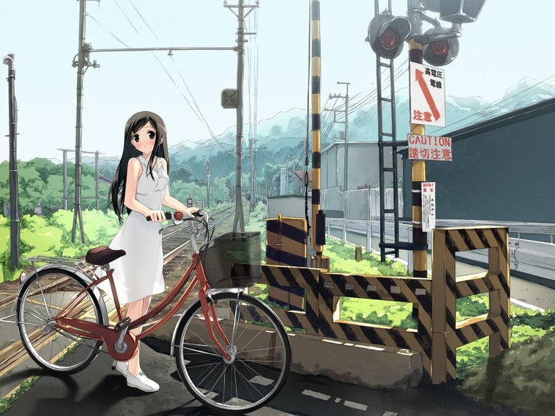 Anime Girl with Bicycle — Green, Calm