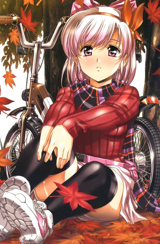 Anime girl with bicycle in autumn