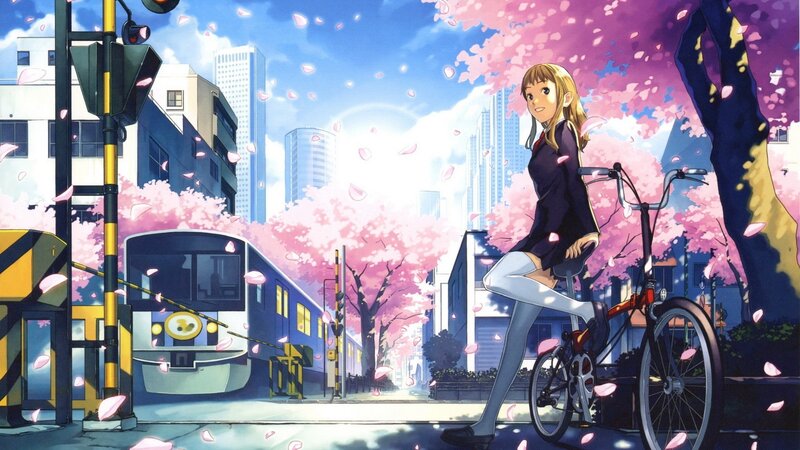 Anime girl with bicycle in cherry blossom