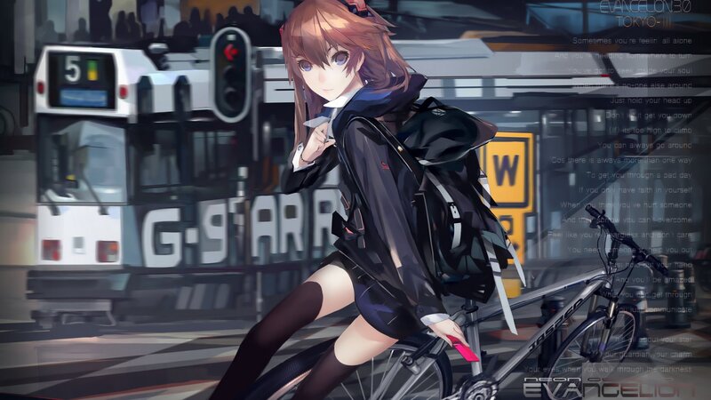 anime girl with bicycle in city
