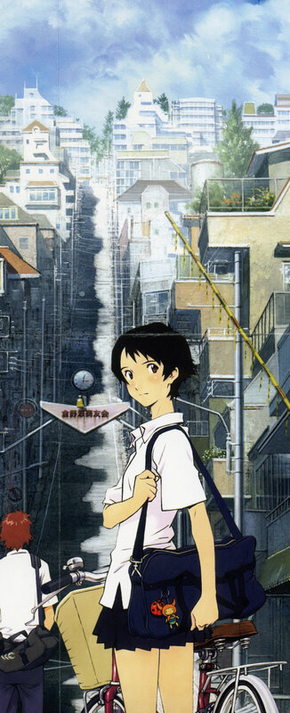 Anime girl with bicycle in city