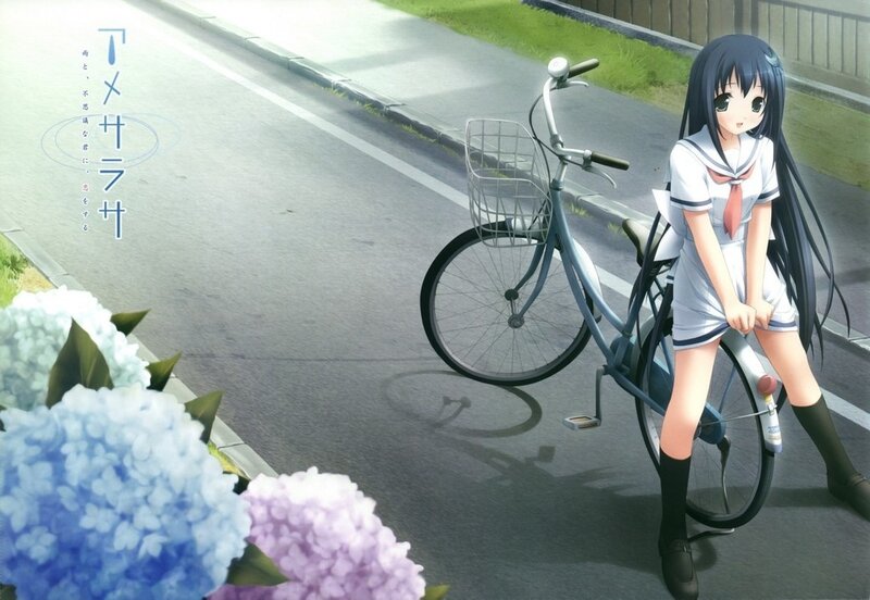 Anime girl with bicycle on road