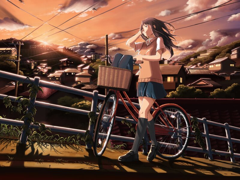 Anime Girl with Bicycle — Orange, Serene