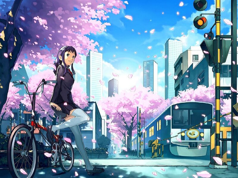 Anime Girl with Bicycle — Pink, Serene