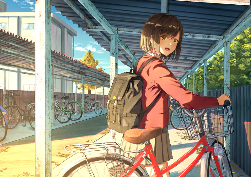 Anime Girl with Bicycle — Red, Calm