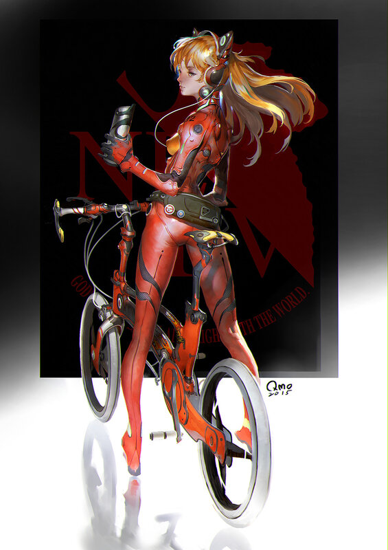 Anime Girl with Bicycle — Red, Dramatic