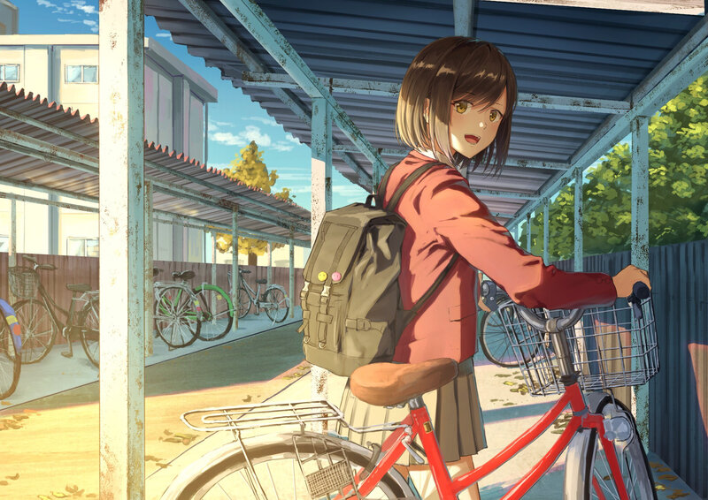 Anime Girl with Bicycle — Red
