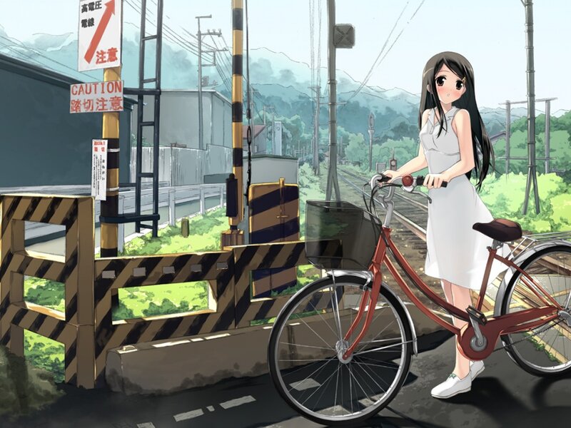 Anime Girl with Bicycle — White