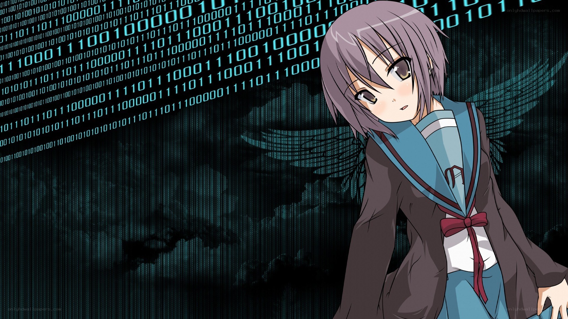 anime girl with binary code background