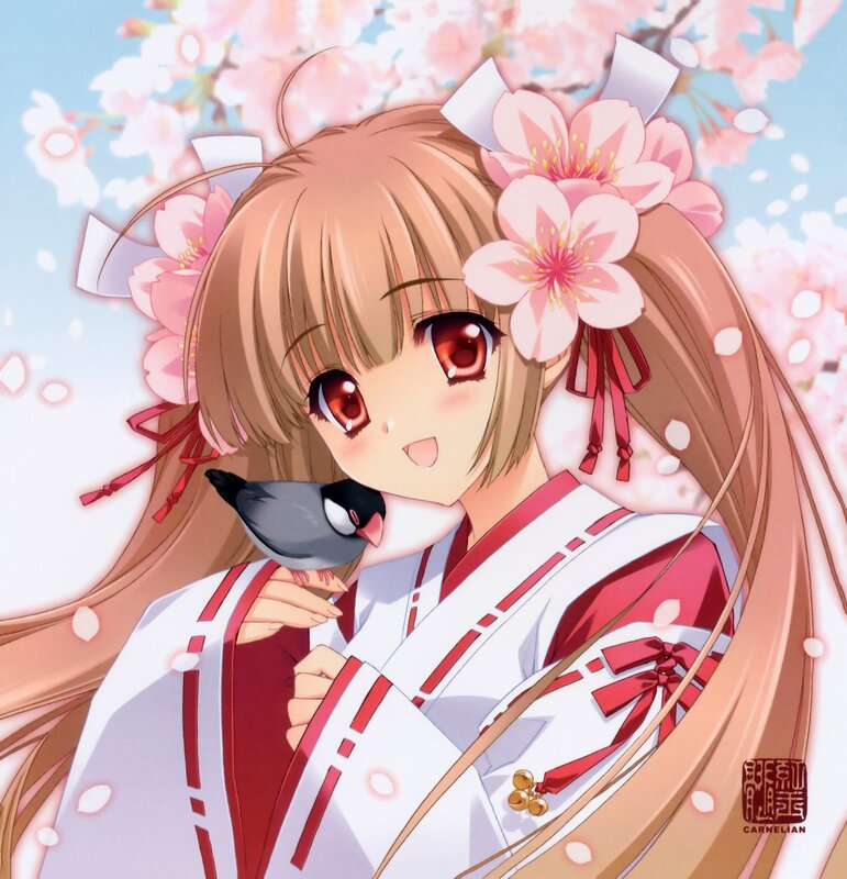 anime girl with bird and cherry blossoms