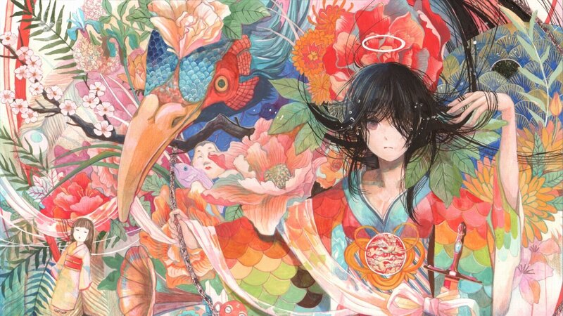Anime girl with bird and flowers
