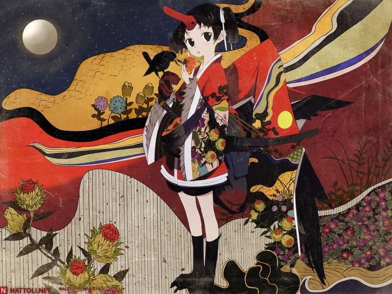 Anime girl with bird and moon