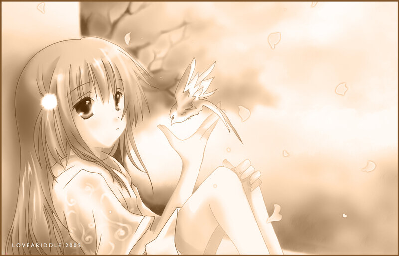 Anime Girl with Bird — Beige