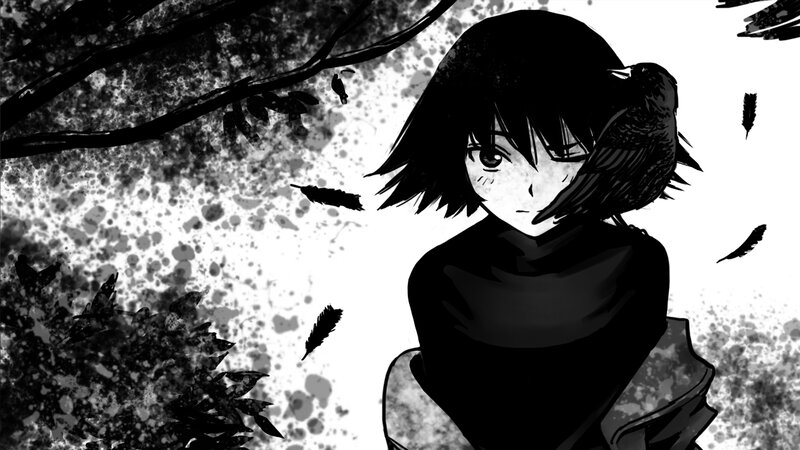 Anime Girl with Bird — Black, Dramatic, Manga