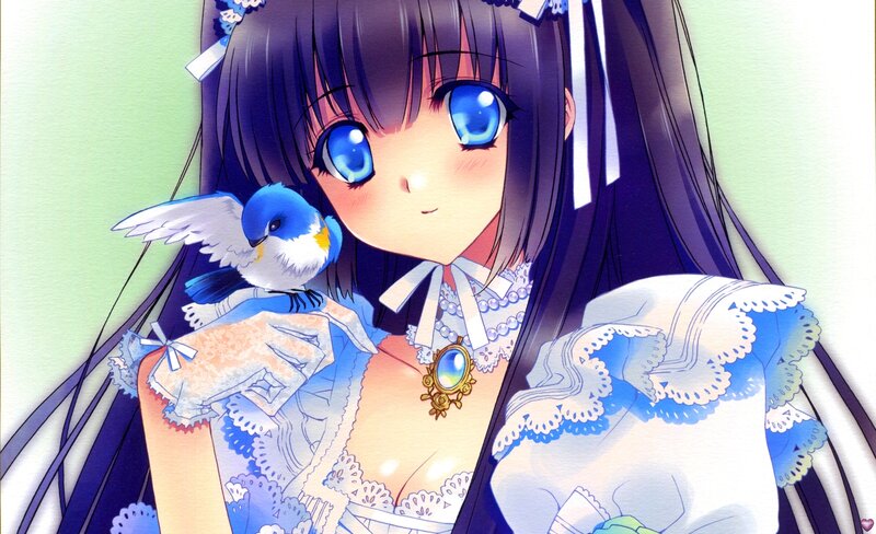 Anime Girl with Bird — Blue, Calm