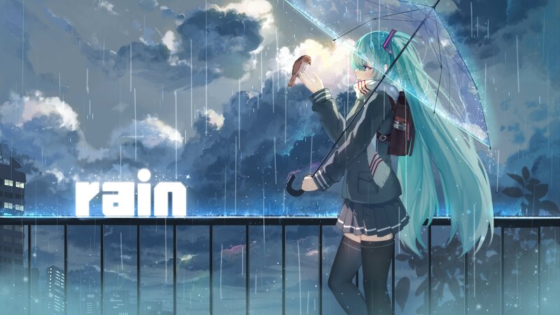 Anime Girl with Bird — Blue, Melancholic