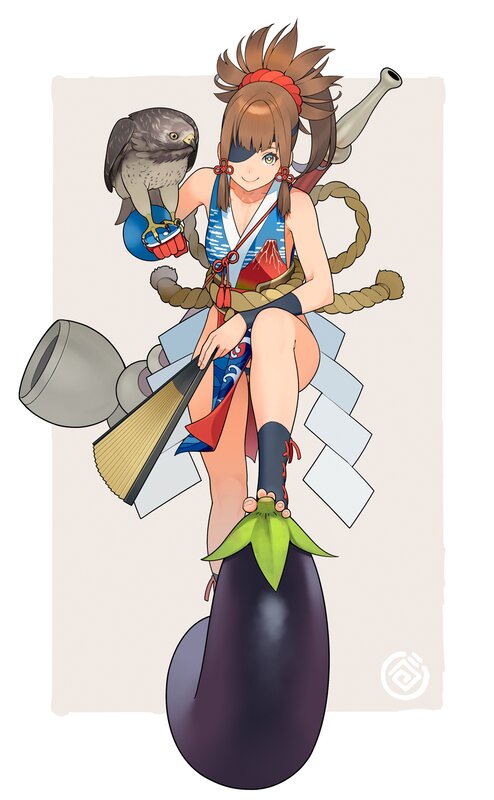 Anime Girl with Bird — Blue, Playful, Digital Art, Eggplant