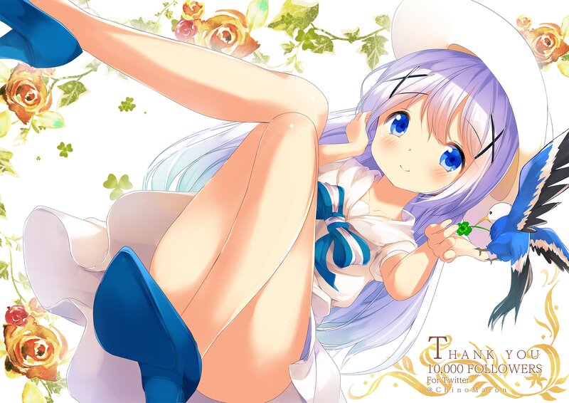 Anime Girl with Bird — Blue, Playful, Digital Art, Flowers