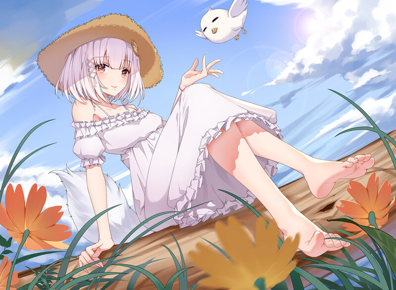 Anime Girl with Bird — Blue, Serene, Afternoon, Digital Art