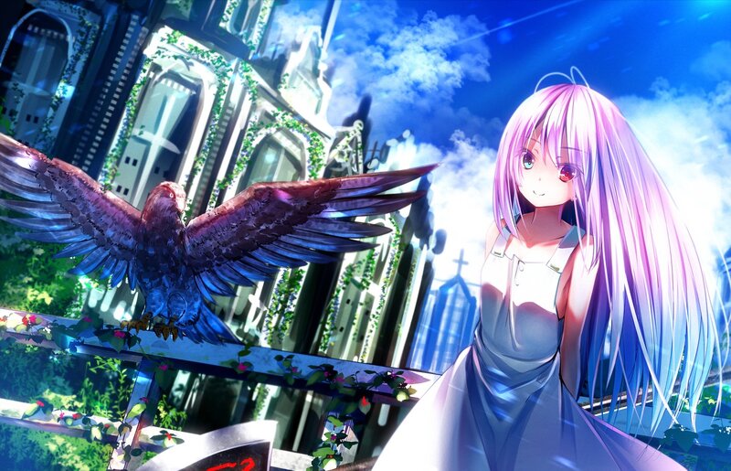 Anime Girl with Bird — Blue, Serene, Night, Digital Art, Building