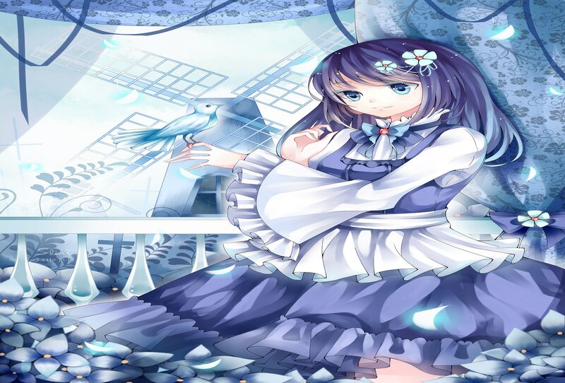 Anime Girl with Bird — Blue, Serene, Night