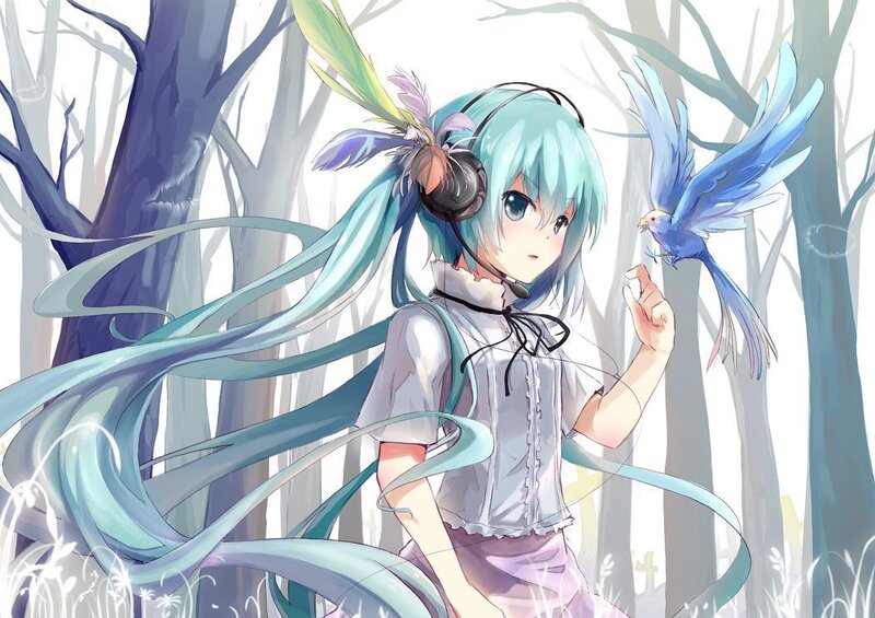 Anime Girl with Bird — Blue, Serene