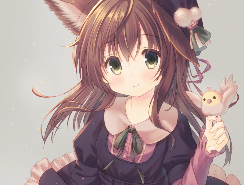 Anime Girl with Bird — Brown, Calm