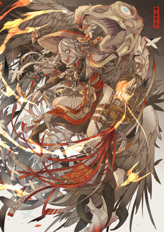 Anime Girl with Bird — Gray, Dramatic