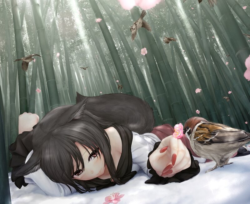Anime Girl with Bird — Green, Serene, Spring