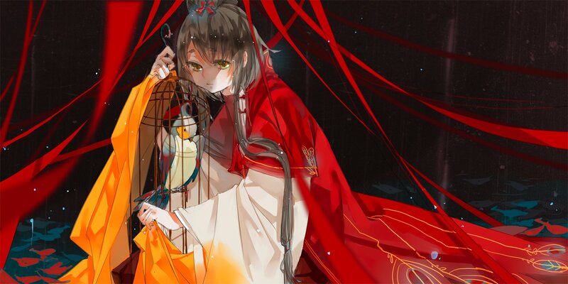 Anime girl with bird in cage