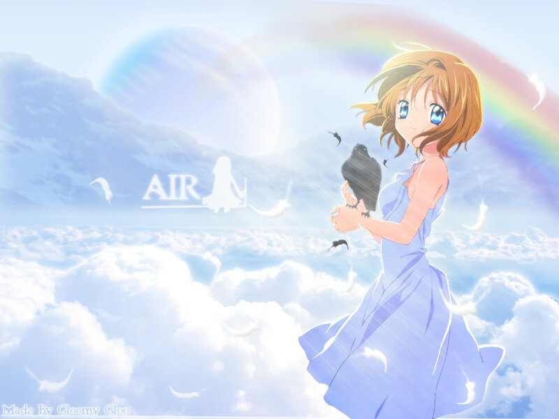 Anime girl with bird in clouds