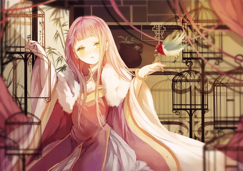 Anime girl with bird in room