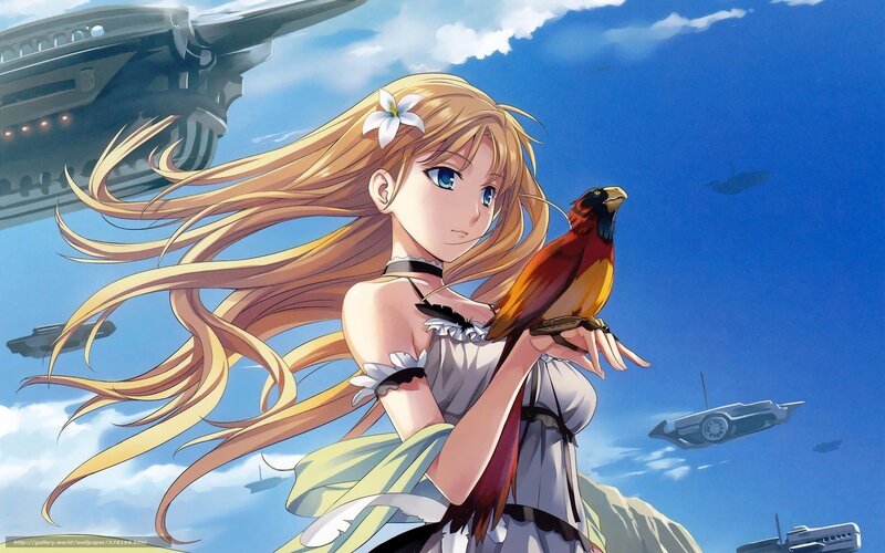 Anime girl with bird in sky