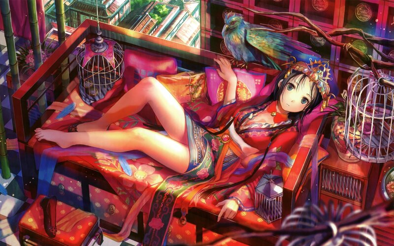 Anime girl with bird on balcony
