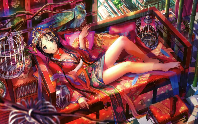 Anime girl with bird on balcony