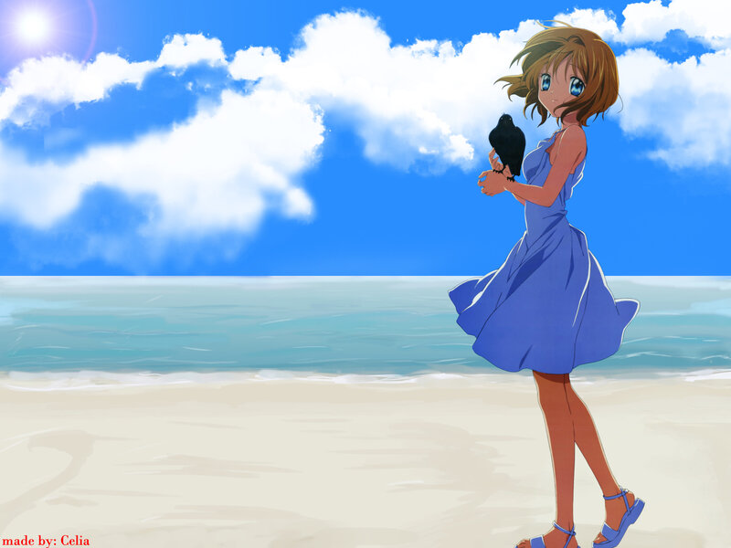 Anime girl with bird on beach