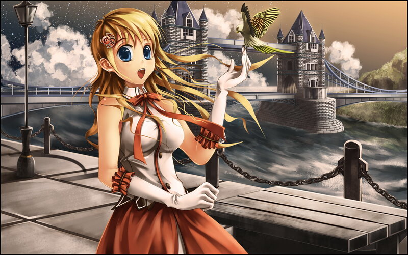 anime girl with bird on bridge