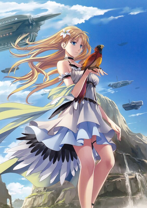 Anime girl with bird on cliff