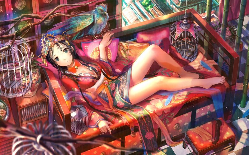 Anime girl with bird on couch