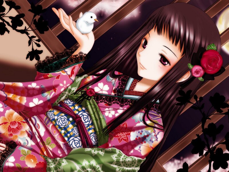 Anime girl with bird on hand