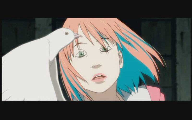 Anime Girl with Bird — Pink, Calm, Green Eyes