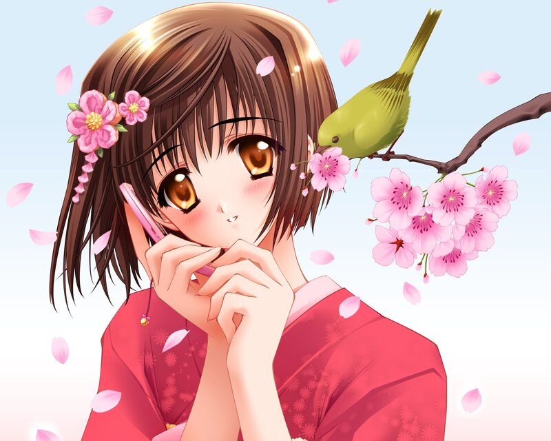 Anime Girl with Bird — Pink, Serene, Spring